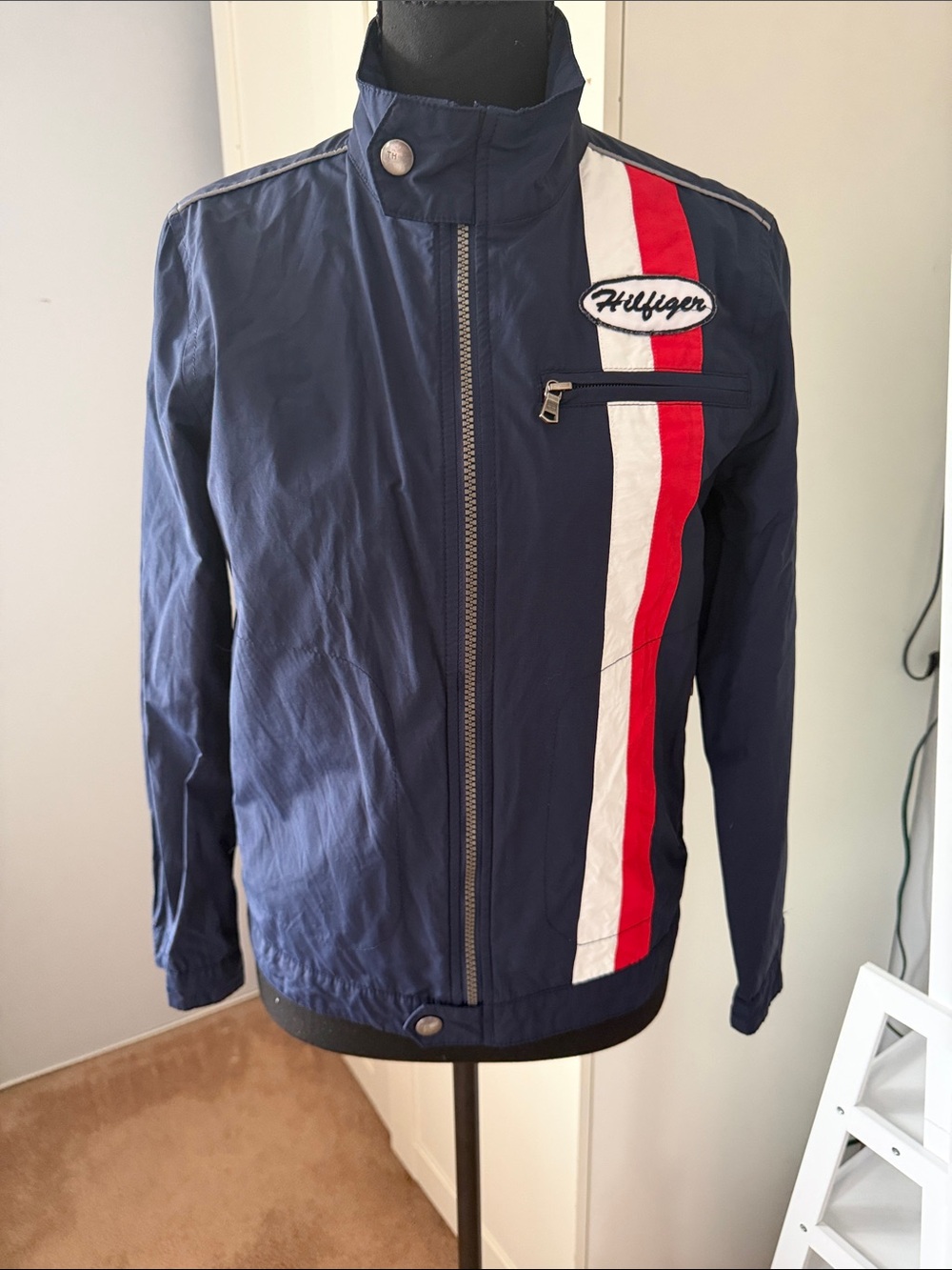 Tommy Hilfiger Navy Zip-Front Jacket with Red & White Racing Stripe